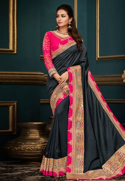 Dark gray silk embroidered saree with blouse  10606